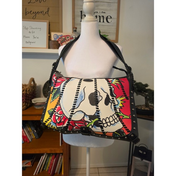 Ed Hardy Handbags - Ed Hardy Christian Audigier Skull Rose Tattoo Hobo Shoulder Bag Black Studded